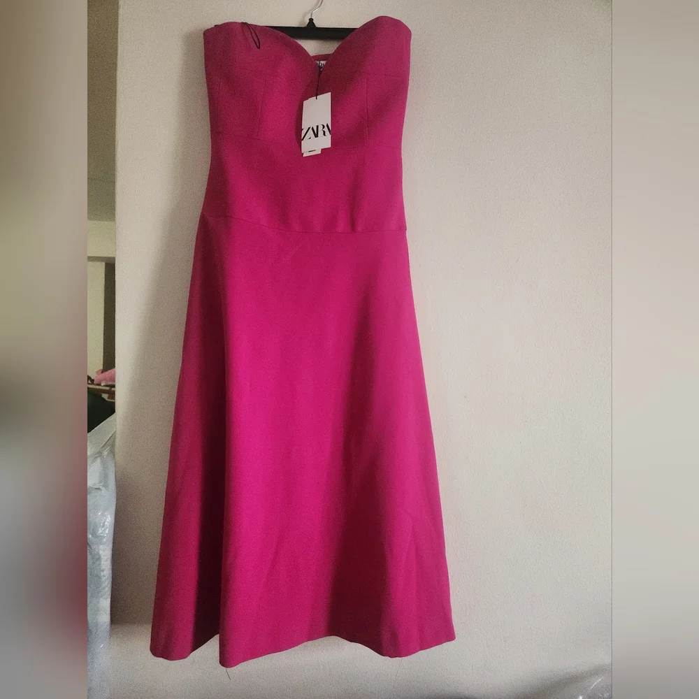 Zara bustier midi dress fuschia/pink Size S & M. BNWT - Picture 2 of 10